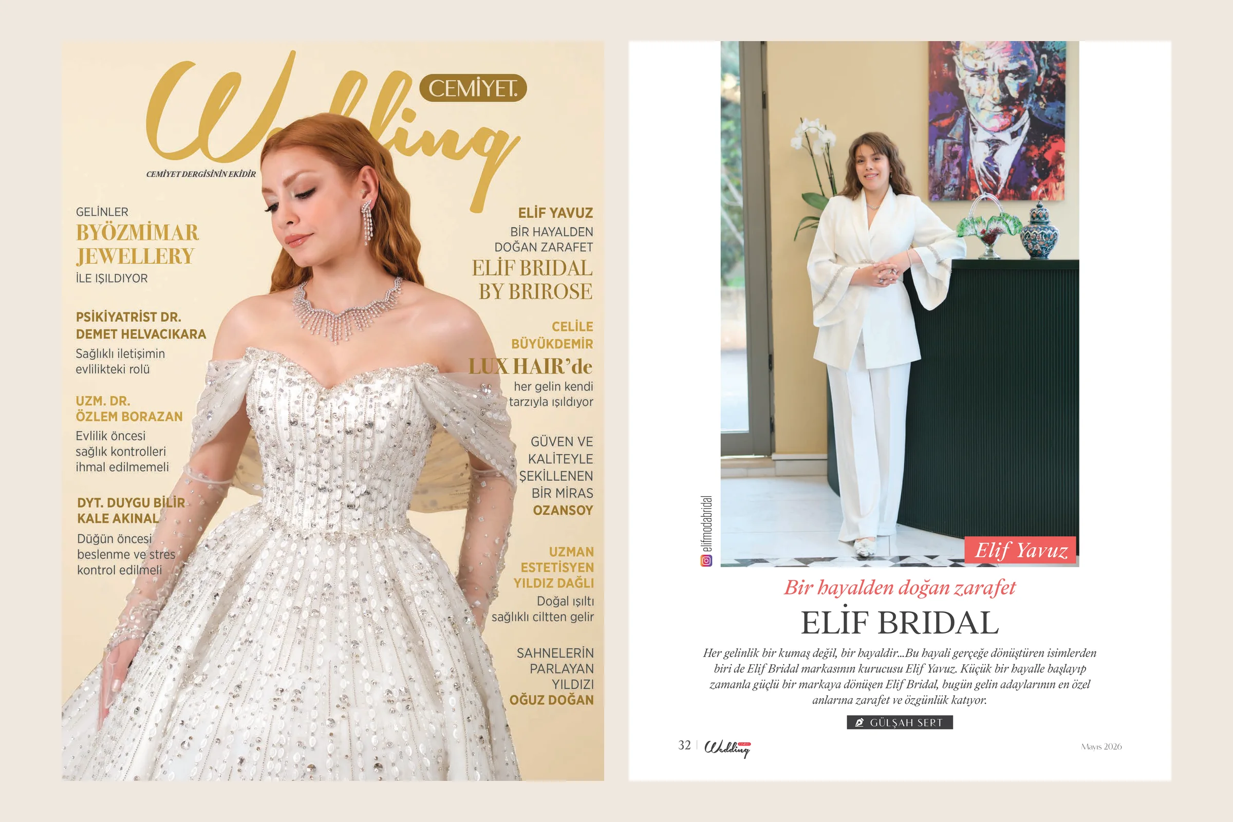 Cemiyet Wedding Mayıs 2026 kapağı ve Elif Yavuz röportajının açılış sayfası